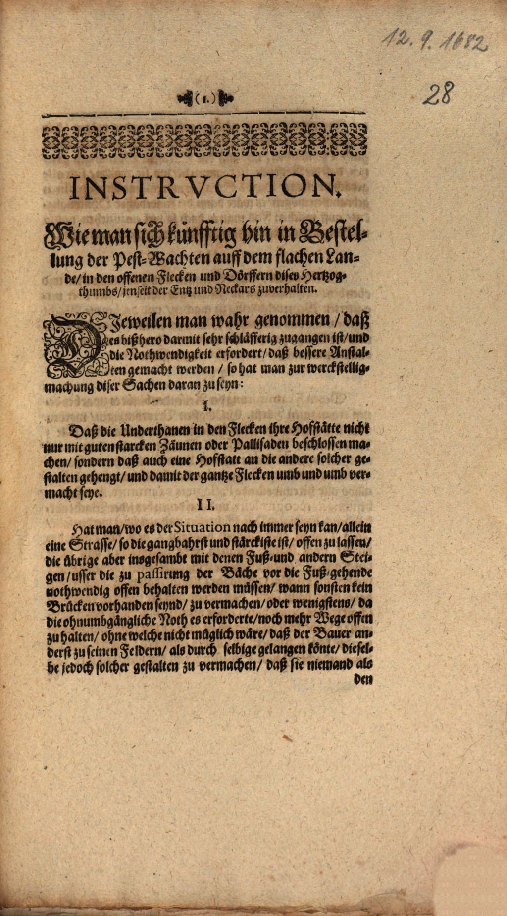 Cover of Von Gottes Gnaden Friderich Carl Hertzog zu Würtemberg [et]c. Administrator und OberVormunder. Lieber Getrewer Hiemit lassen Wir dir die jenige wegen der grassirenden und sich je mehr und mehr außbreitenden leidigen Contagion, gemachte Instruction und schrifftliche Anstalt welchergestalten man sich künfftig hin in Bestellung der PestWachten auff dem flachen Lande in den offenen Flecken und Dörffern dises Unsers Vormundschafftlichen Hertzogthumbs jenseit der Entz und Neckars zu verhalten zu kommen