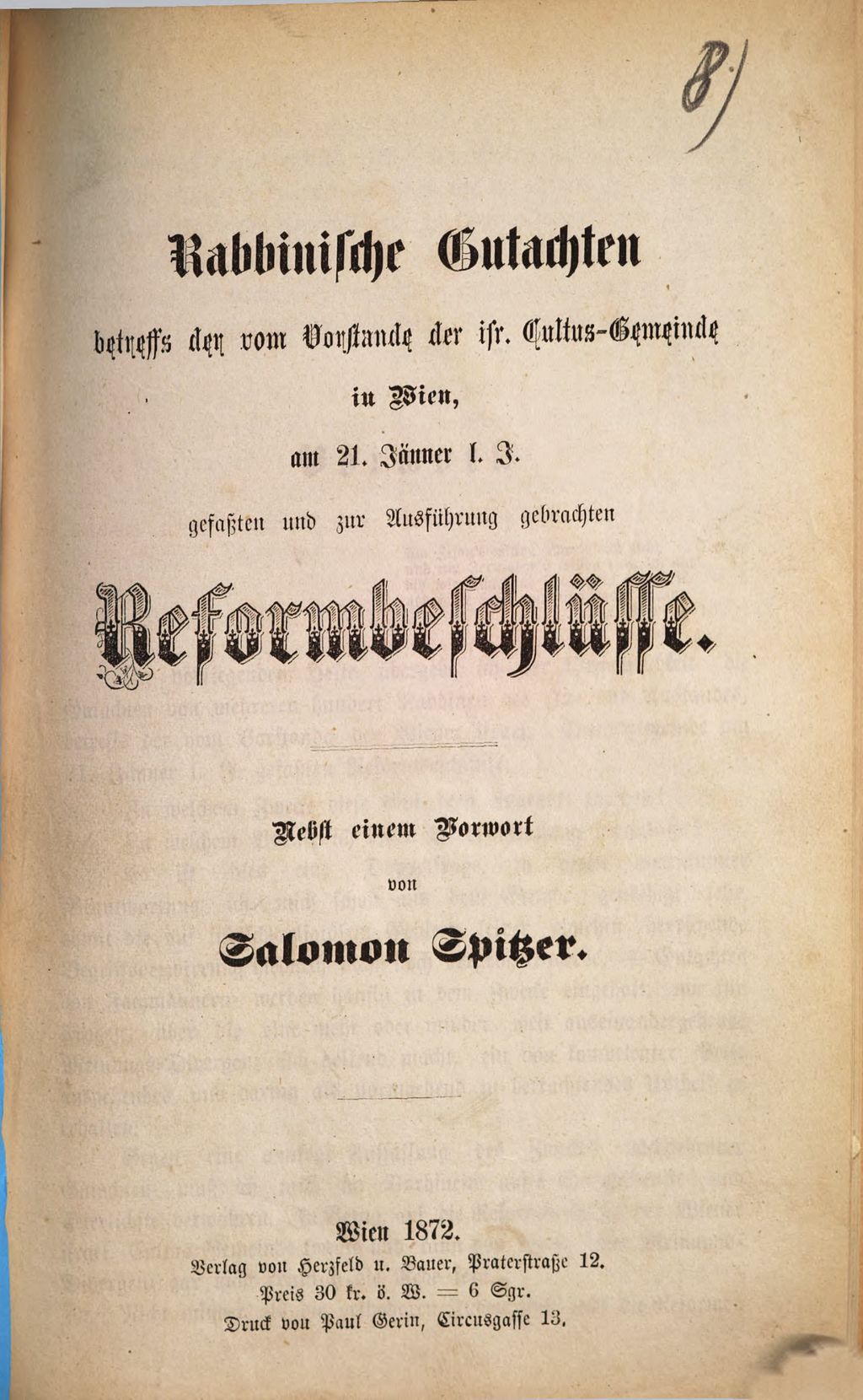 Cover of Rabbinische Gutachten betreffs der vom Vorstande der isr. Cultus -Gemeinde in Wien am 21. Jänner 1. J. gefaßten und zur Ausführung gebrachten Reformbeschlüsse