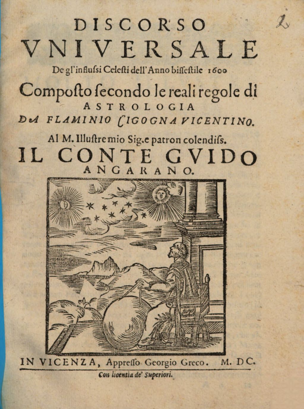 Cover of Discorso Vniversale De gl'influssi Celesti dell'Anno bissestile 1600