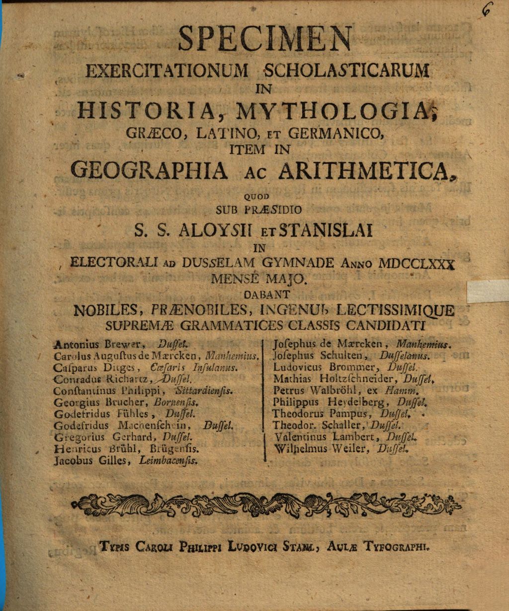 Cover of Specimen exercitationum scholasticarum in historia, mythologia ... quod in elect. ad Dusselam Gymnade a. 1780 m. maio dabant ... supremae grammatices classis candidati