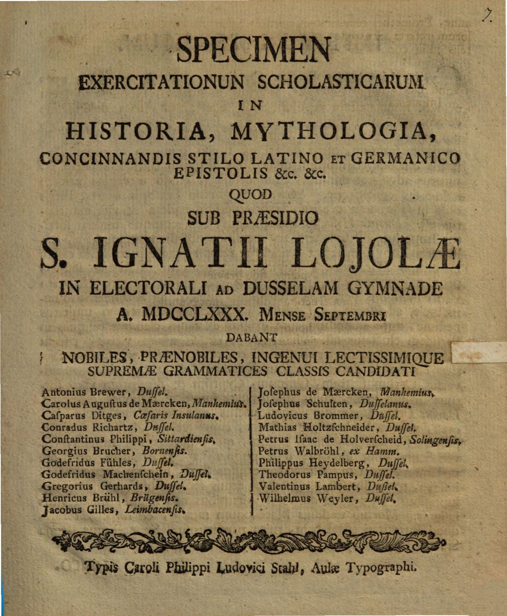 Cover of Specimen exercitationum scholasticarum in historia, mythologia ... quod in elect. ad Dusselam Gymnade a. 1780 m. sept. dabant ... supremae grammatices classis candidati