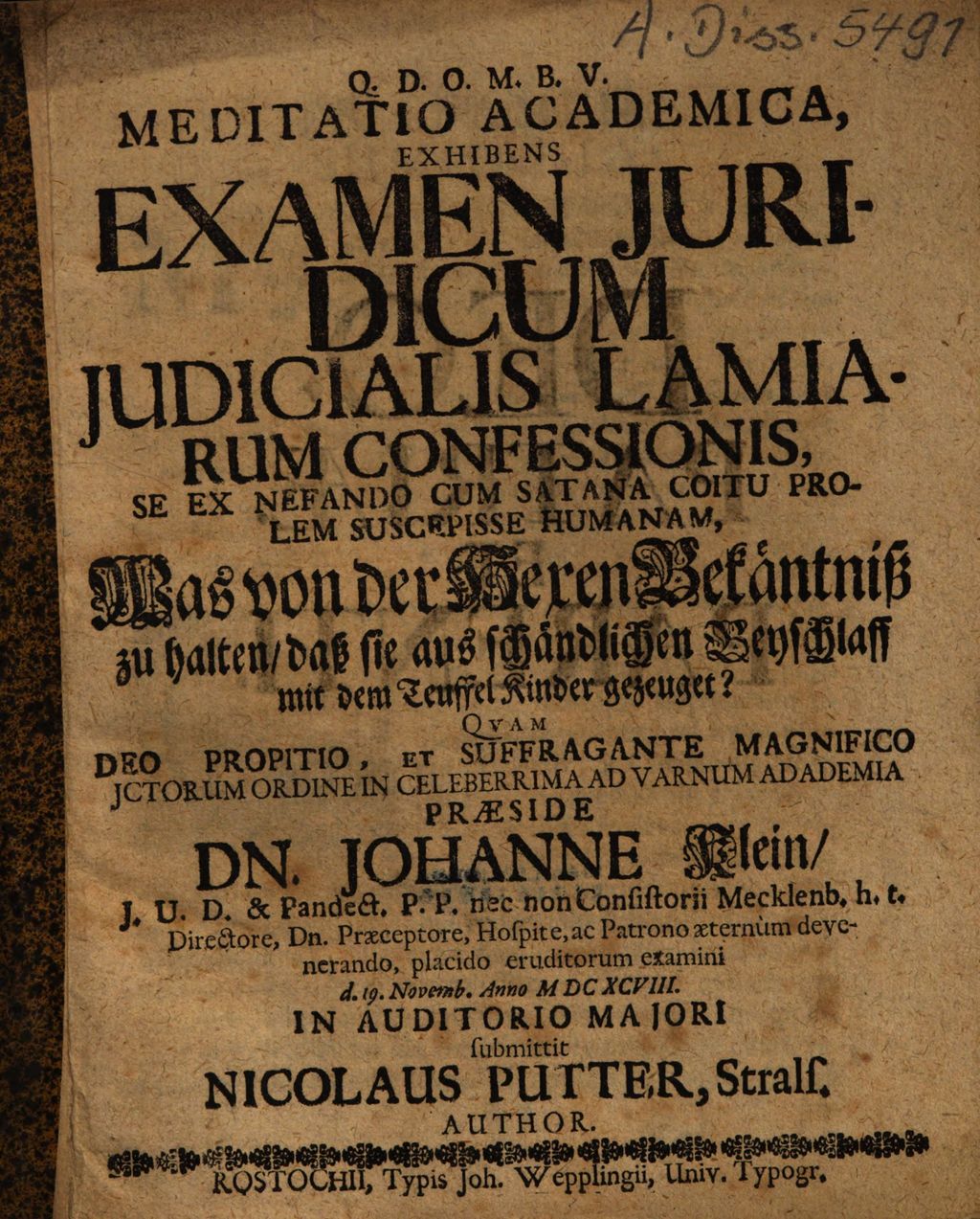 Cover of Meditatio academica exhibens Examen juridicum judicialis lamiarum confessionis, se ex nefando cum Satana coitu prolem suscepisse humanam