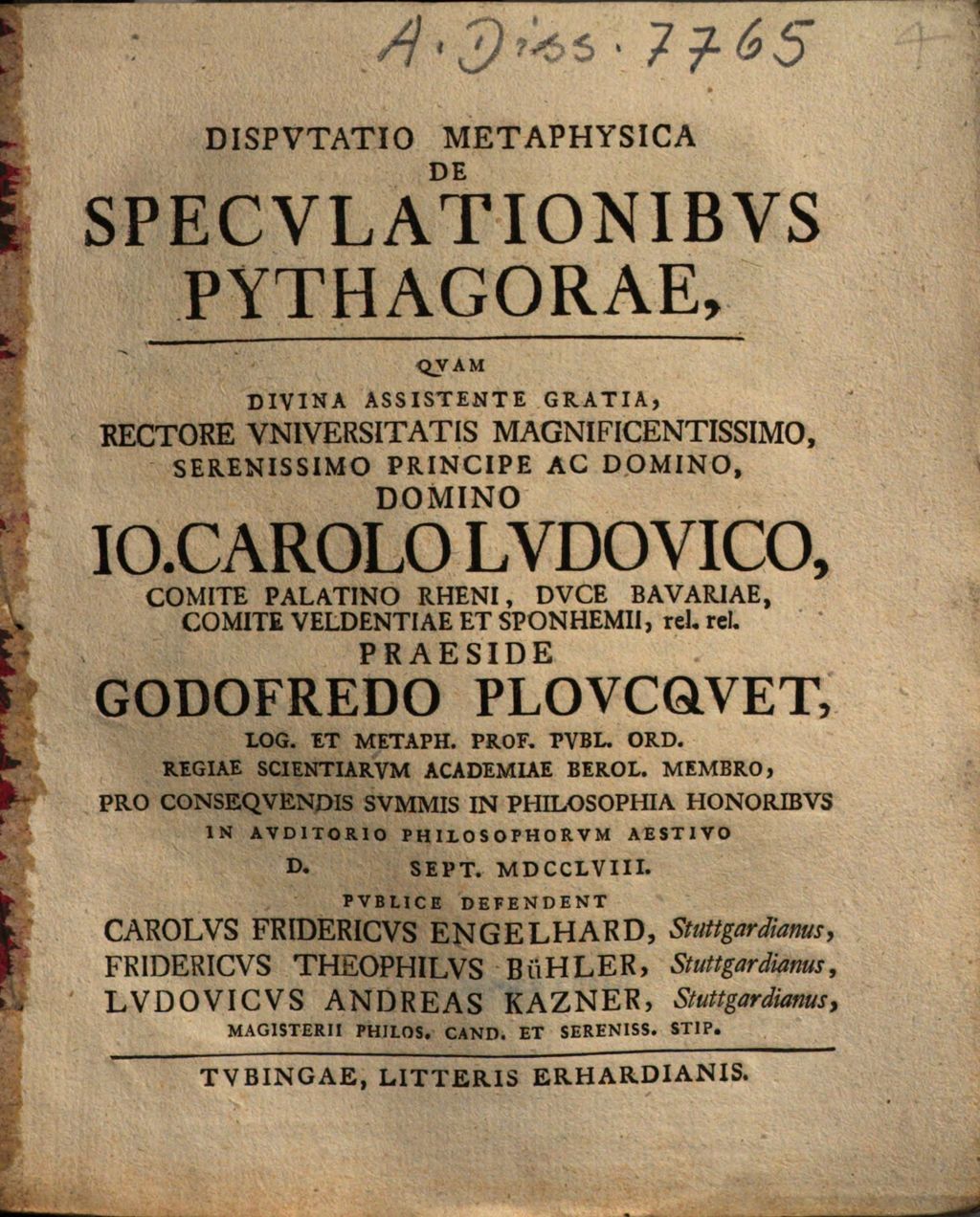 Cover of Dispvtatio Metaphysica De Specvlationibvs Pythagorae