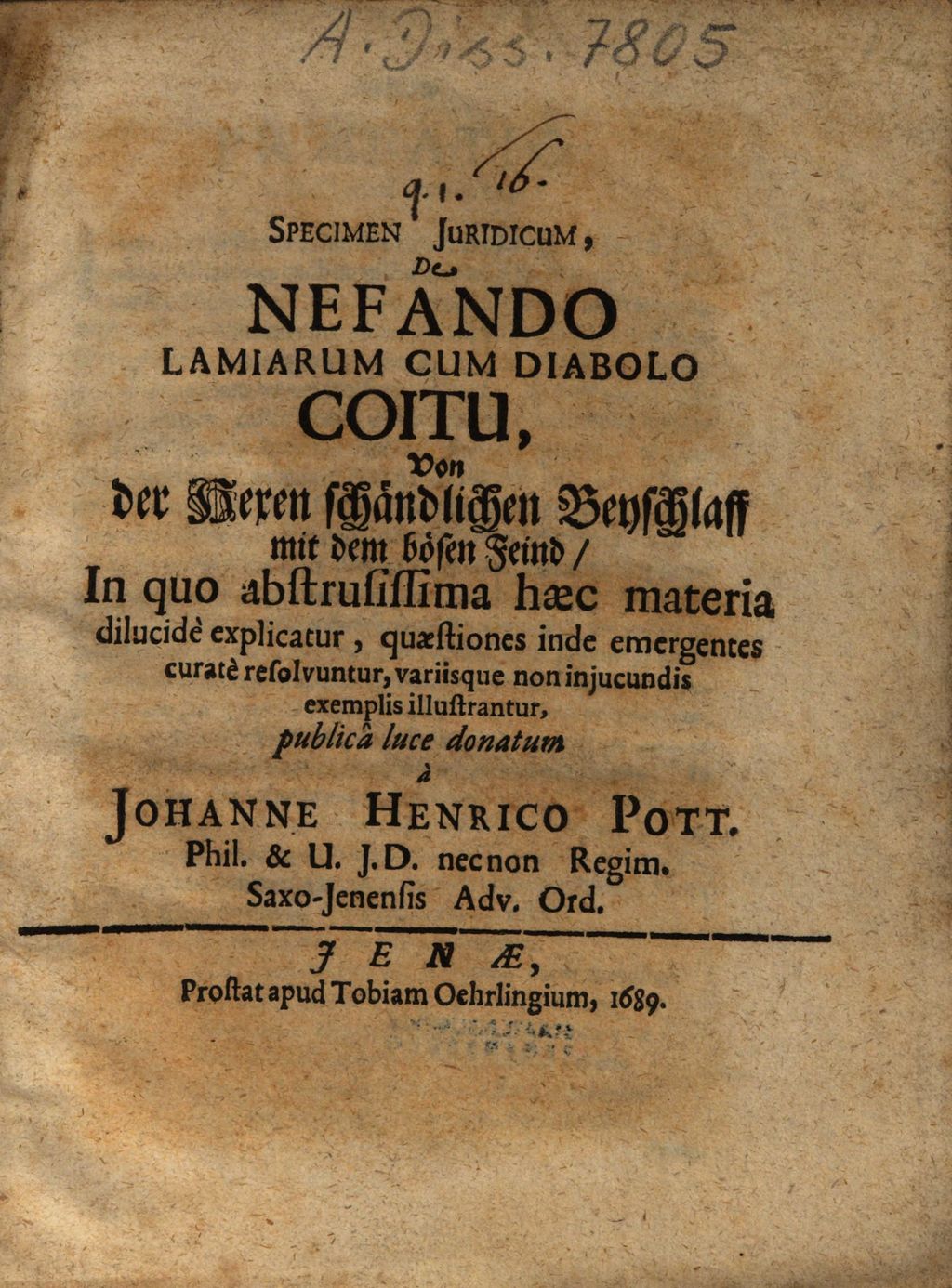 Cover of Specimen iuridicum de nefando Lamiarum cum Diabolo coitu