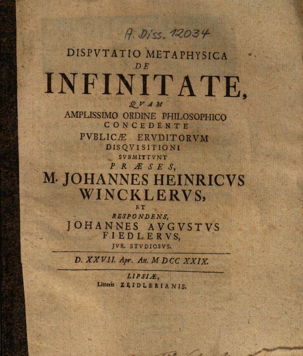 Cover of Disputatio Metaphysica De Infinitate