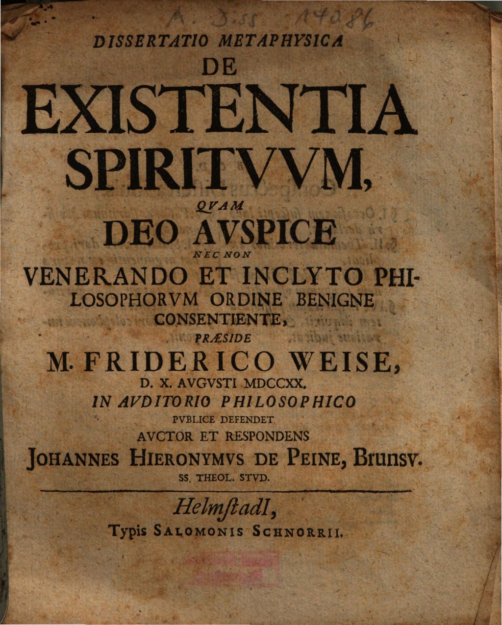 Cover of Dissertatio Metaphysica De Existentia Spirituum