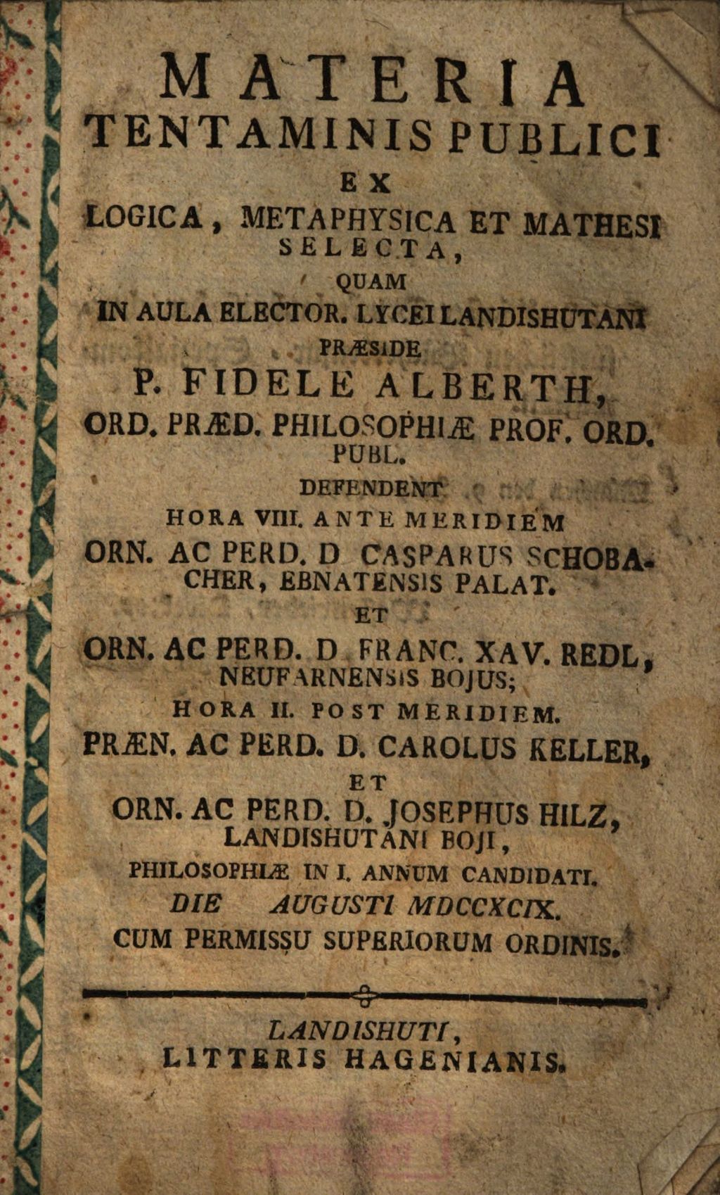 Cover of Materia Tentaminis publici ex Logica, Metaphysica et Mathesi selecta