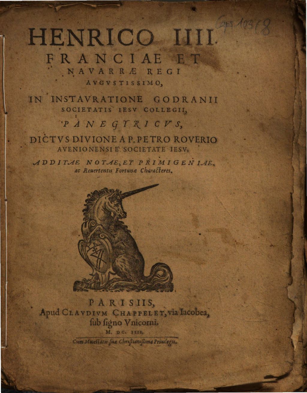 Cover of Henrico IIII. Franciae Et Navarrae Regi Avgvstissimo, In Instavratione Godranii Societatis Iesv Collegii, Panegyricvs