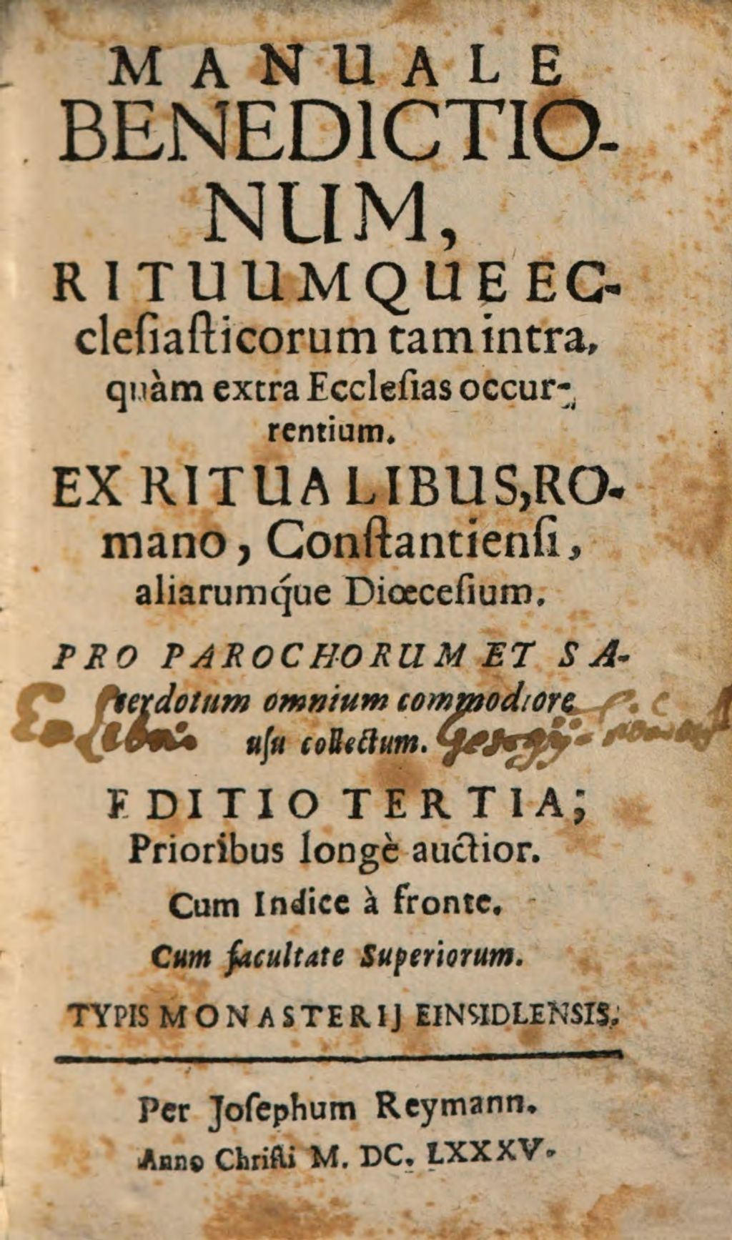 Cover of Manuale Benedictionum, Rituumque Ecclesiasticorum tam intra, quam extra Ecclesias occurrentium