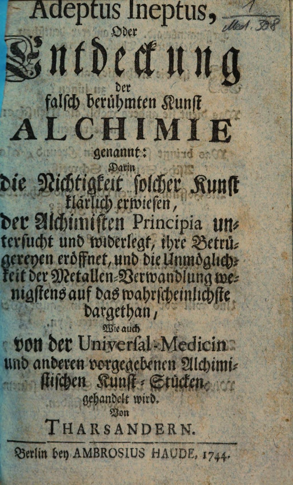 Cover of Adeptus ineptus oder Entdeckung der falsch berühmten Kunst Alchimie genannt