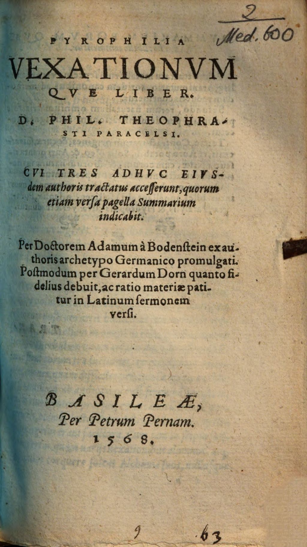 Cover of Pyrophilia Vexationvmqve Liber D. Phil. Theophrasti Paracelsi