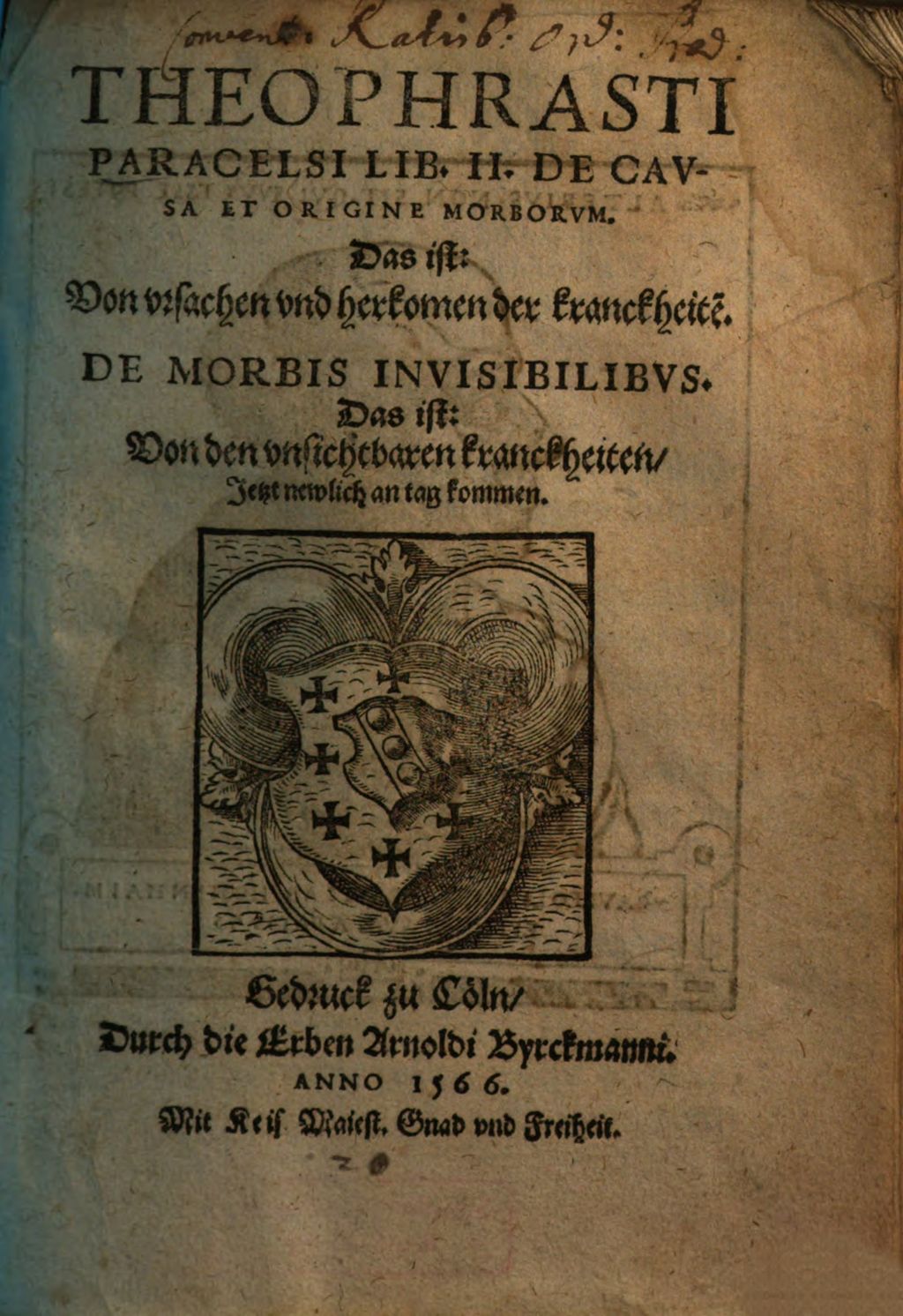 Cover of Theophrasti Paracelsi Lib. II. De Cavsa Et Origine Morborvm. Das ist: Von vrsachen vnd herkomen der kranckheite[n]
