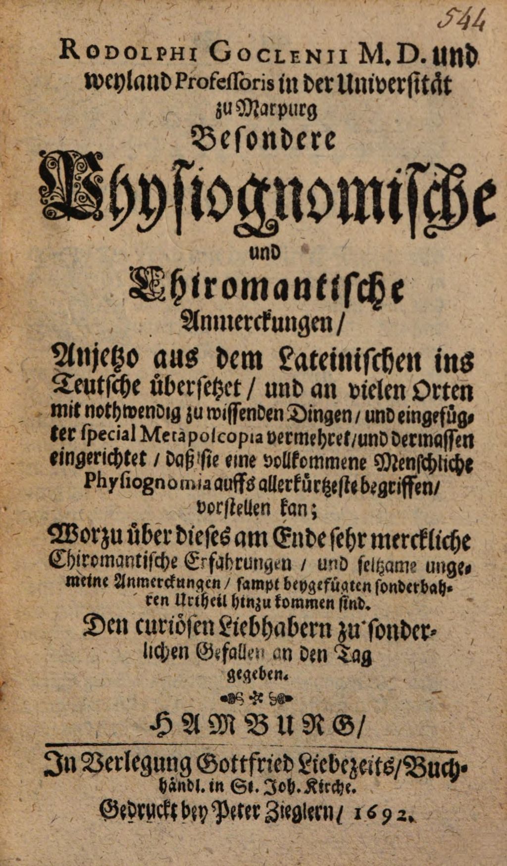 Cover of Rodolphi Goclenii Besondere physiognomische und chiromantische Anmerckungen