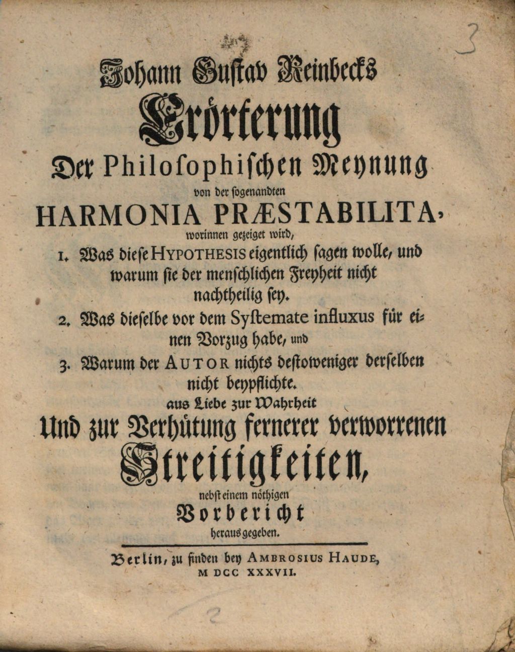 Cover of Johann Gustav Reinbecks Erörterung der philosophischen Meynung von der sogenandten Harmonia praestabilita