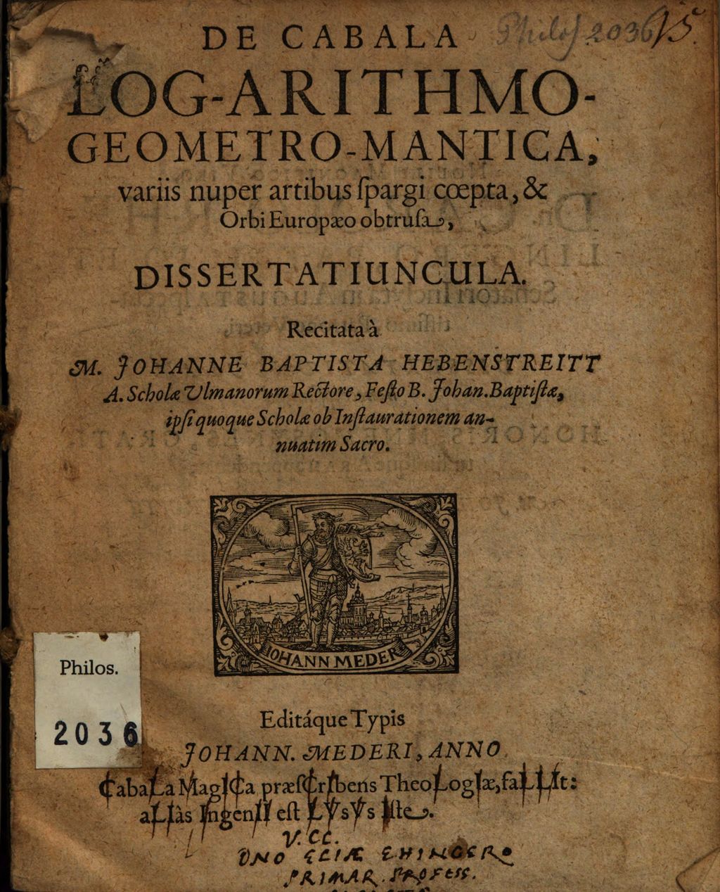 Cover of De Cabala Log-Arithmo-Geometro-Mantica ... Dissertatiuncula