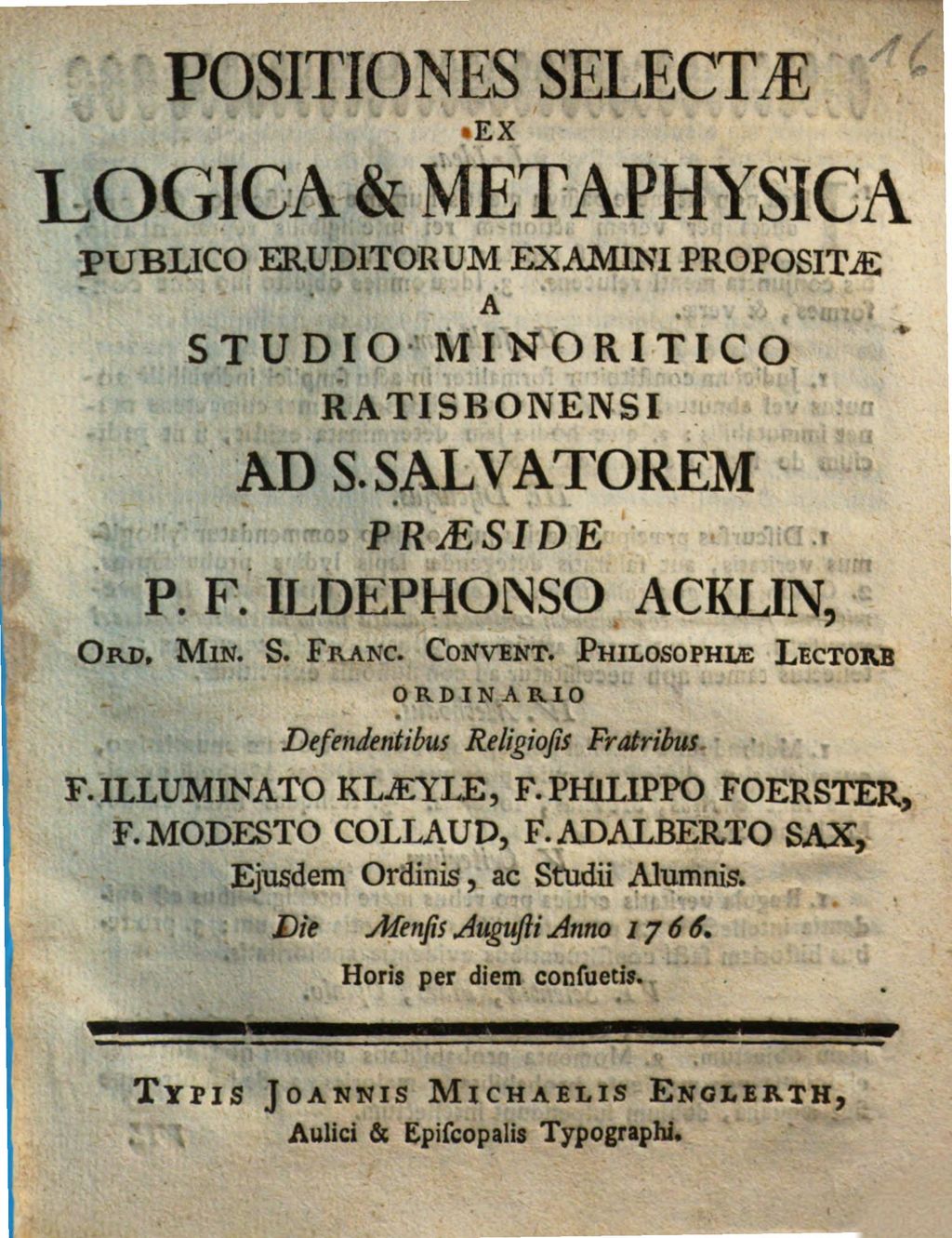 Cover of Positiones selectae ex logica & metaphysica