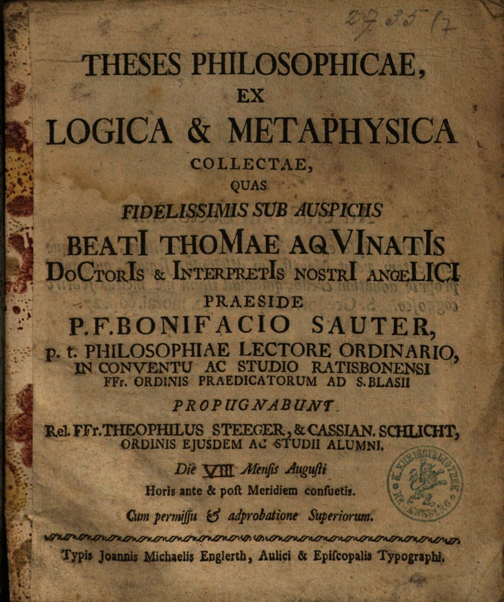 Cover of Theses Philosophicae, Ex Logica & Metaphysica Collectae