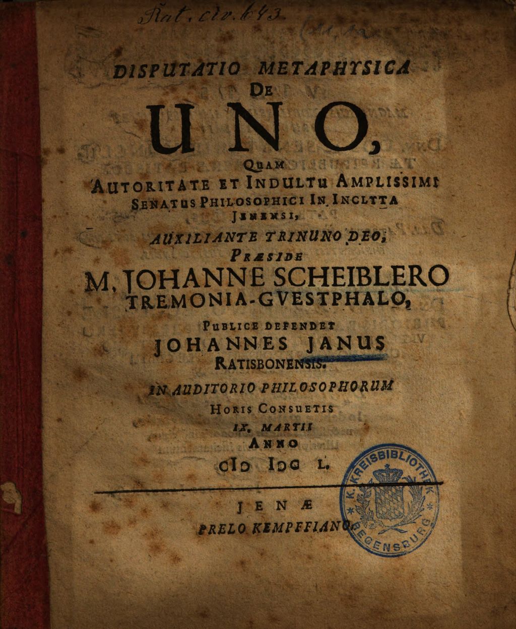 Cover of Disputatio Metaphysica De Uno