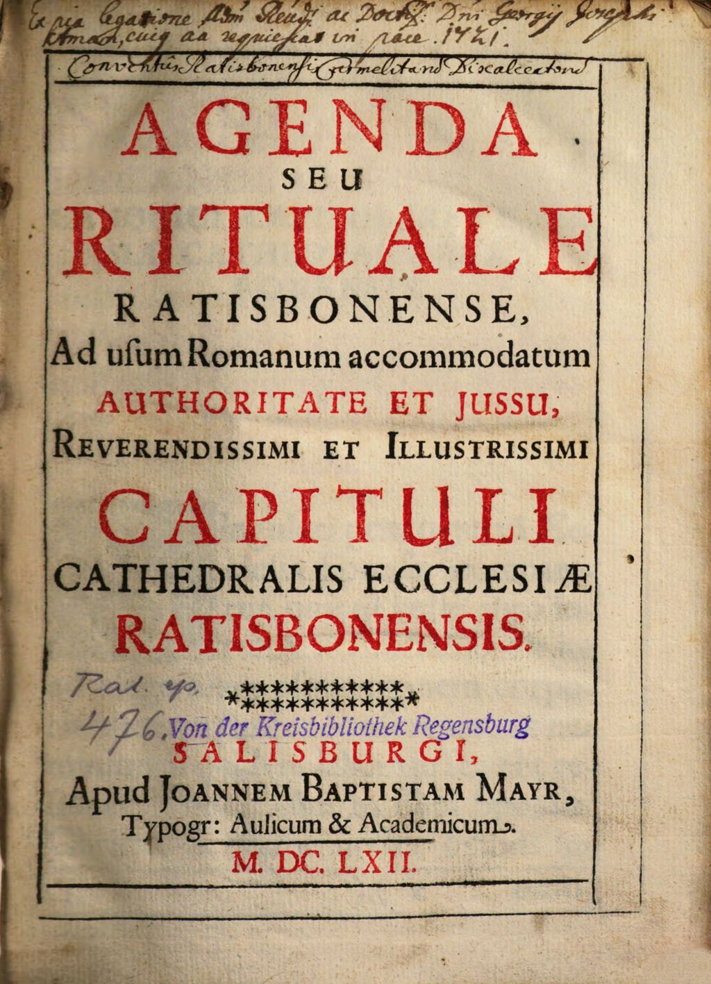 Cover of Agenda Seu Rituale Ratisbonense, Ad usum Romanum accommodatum