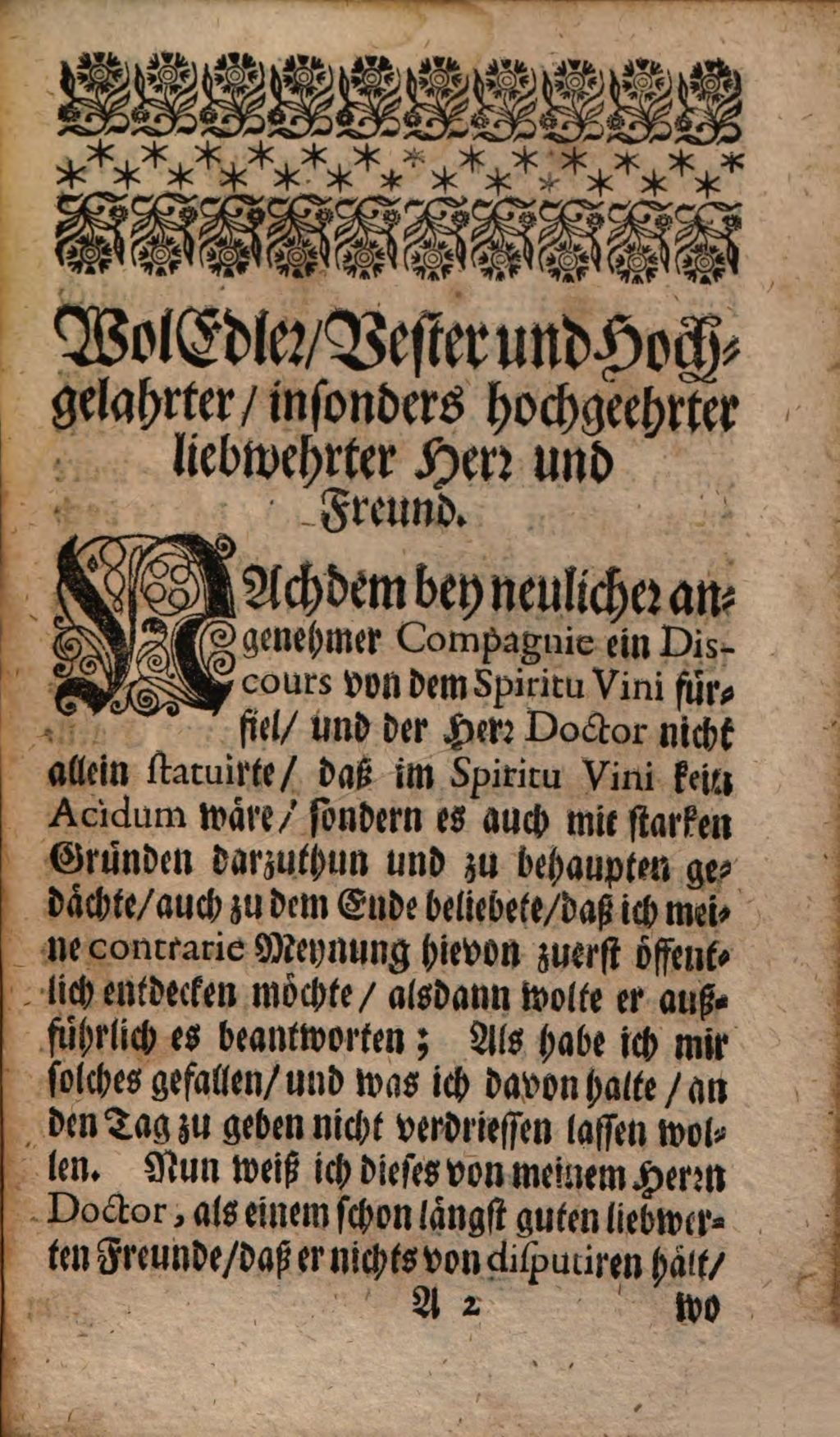 Cover of Johann Kunckels Churfürstl. Brandenb. Geheimten Cammerdieners Epistola contra Spiritum Vini sine Acido, An Den WolEdlen Vesten und Hochgelahrten Herrn Hn. D. Johannes Voigten Fürnehmen und berühmten Medicin. Pract. in Berlin
