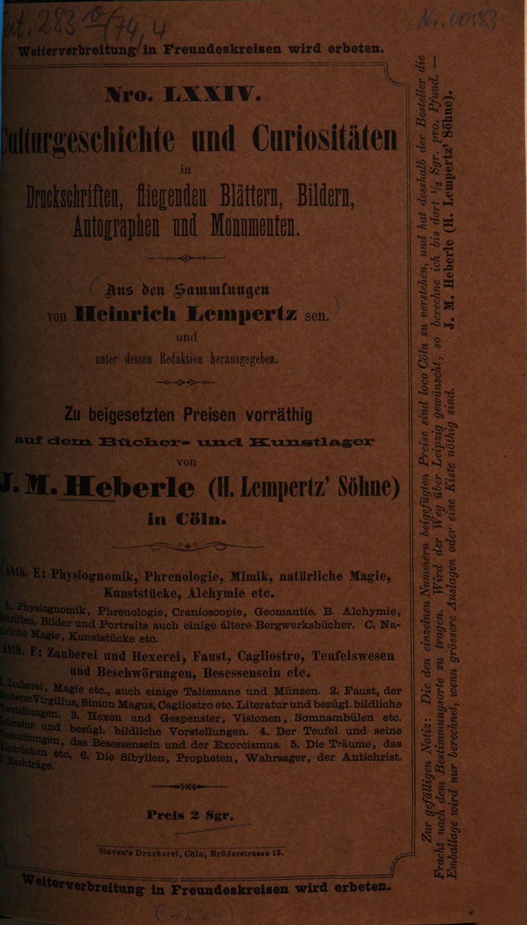 Cover of Culturgeschichte und Curiositäten. Abth. E, Physiognomik, Phrenologie, Mimik, natürliche Magie, Kunststücke, Alchymie etc. ... F: Zauberei und Hexerei , Faust, Cagliostro, Teufelswesen und Beschwörungen, Besessensein etc