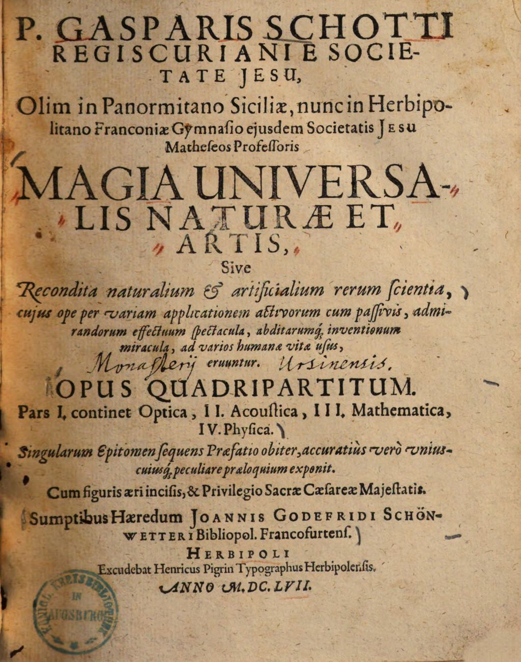 Cover of P. Gasparis Schotti magia universalis naturae et artis. 1, Optica