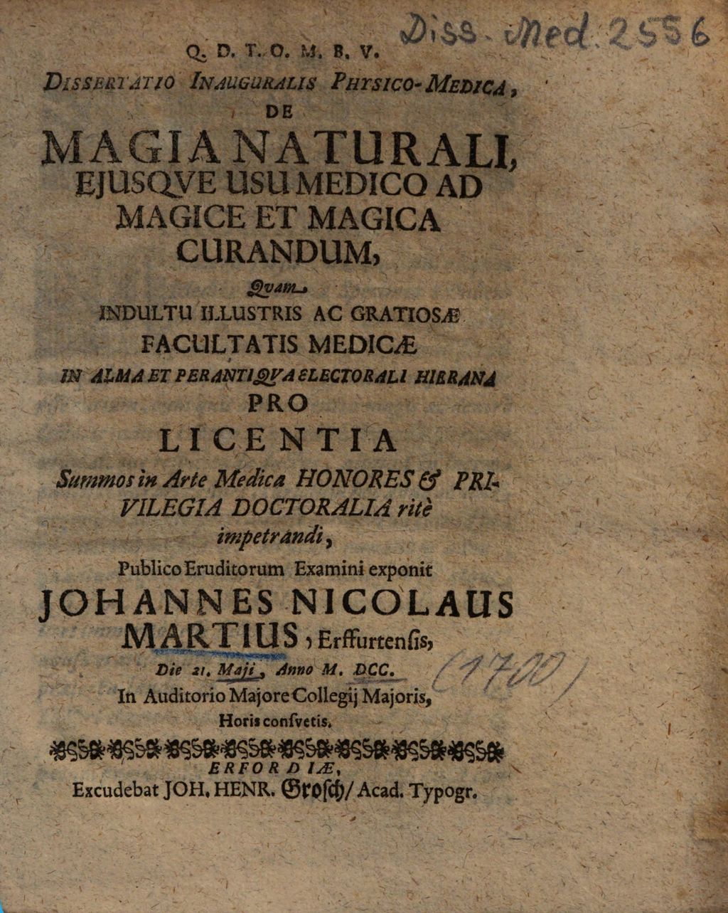 Cover of Dissertatio Inauguralis Physico-Medica, De Magia Natruali, Ejusqve [Eiusque] Usu Medico Ad Magice Et Magica Curandum