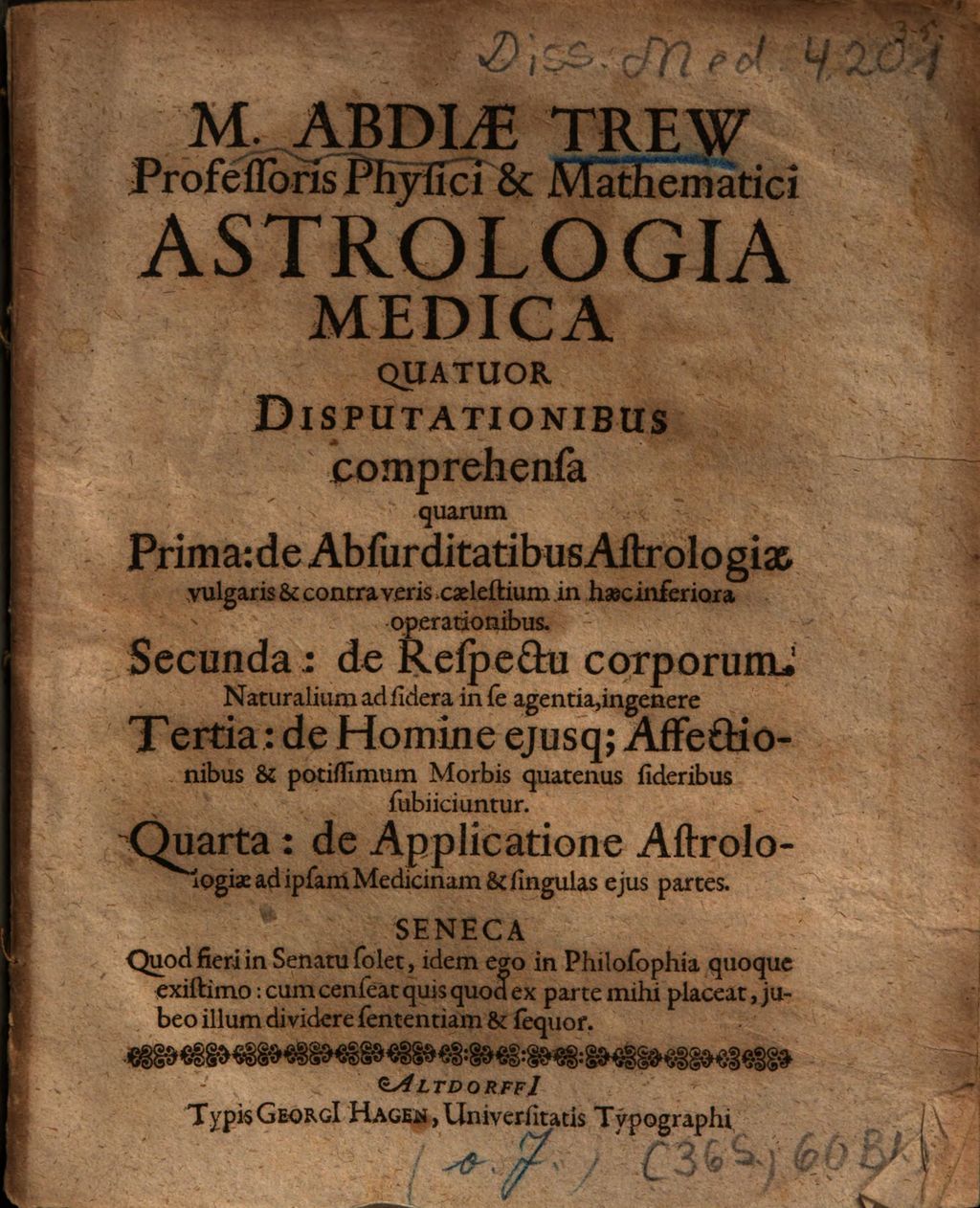 Cover of M. Abdiae Trew ... Astrologia medica