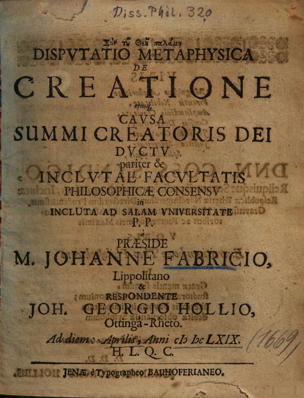 Cover of Dispvtatio Metaphysica De Creatione ejusq[ue] Cavsa Summi Creatoris Dei Dvctv