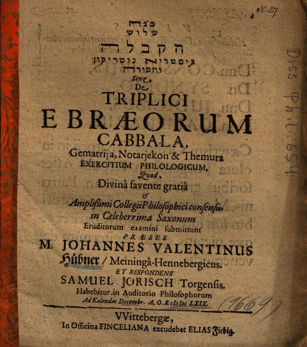 Cover of ... De Triplici Ebraeorum Cabbala , Gematrija, Notarjekon & Themura Exercitium Philologicum