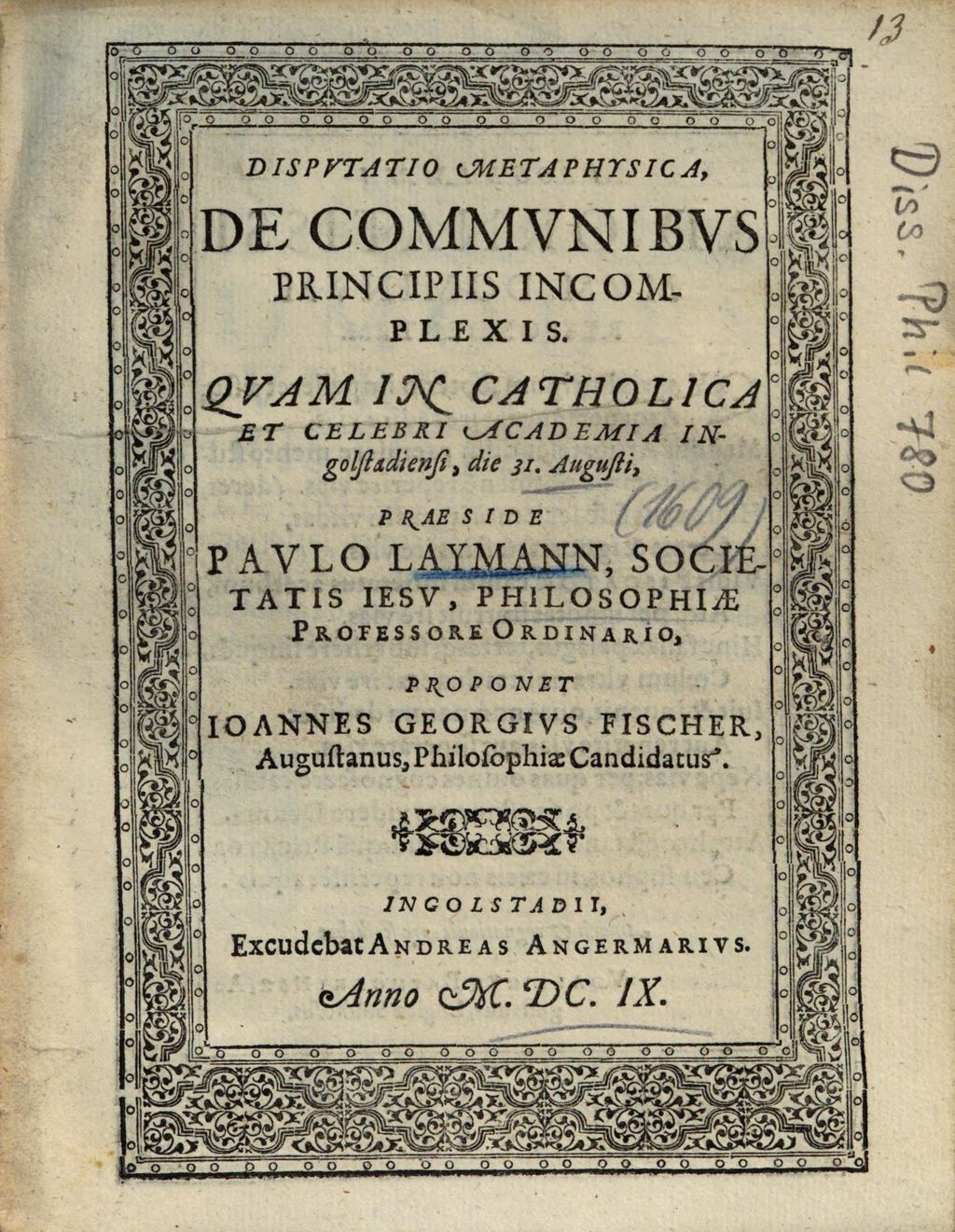 Cover of Dispvtatio Metaphysica , De Commvnibvs Principiis Incomplexis