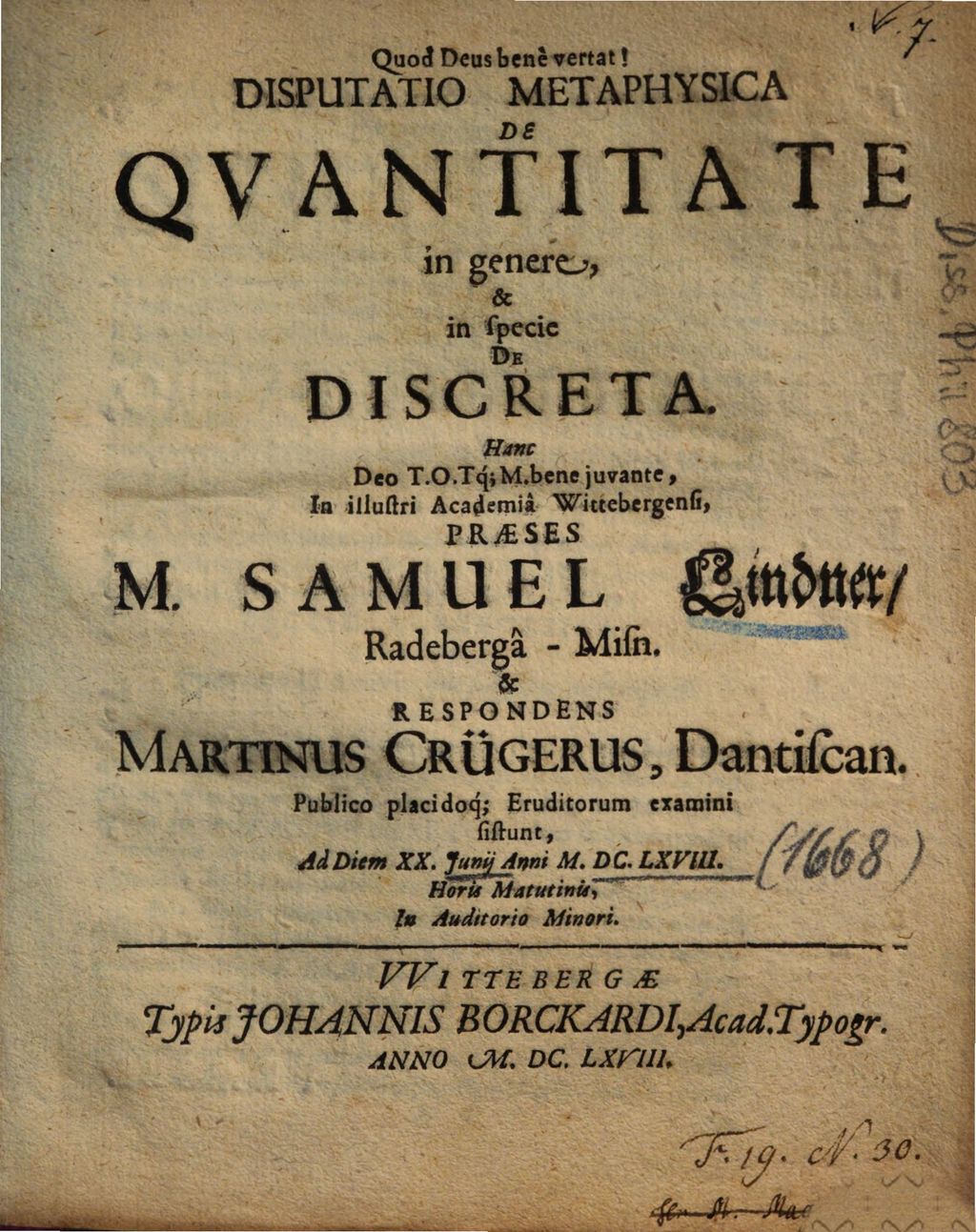 Cover of Disputatio Metaphysica De Qvantitate in genere, & in specie De Discreta