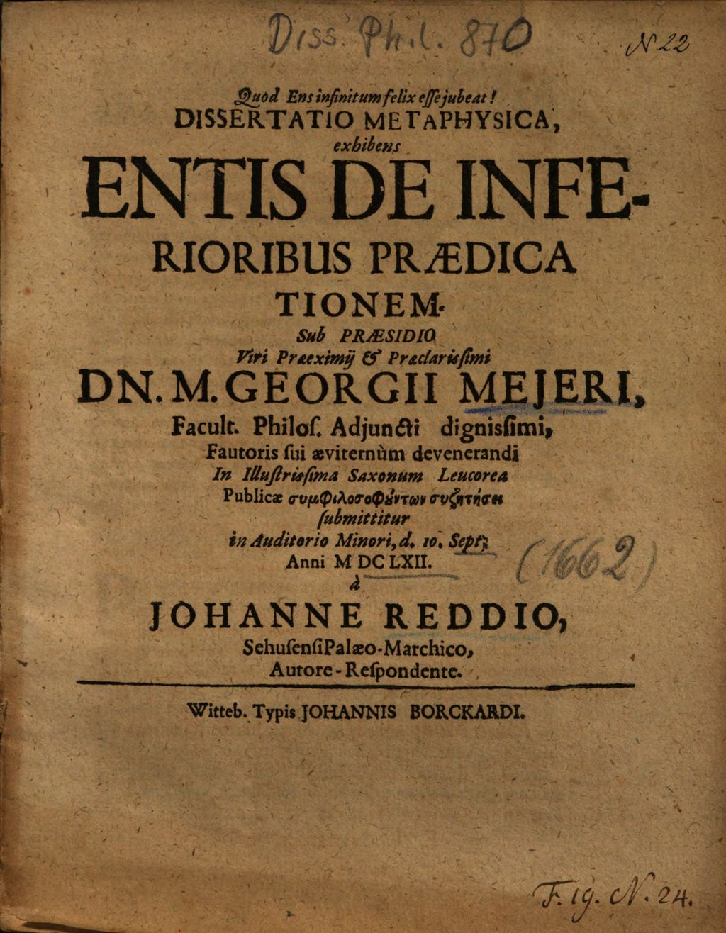 Cover of Dissertatio Metaphysica , exhibens Entis De Inferioribus Praedicationem