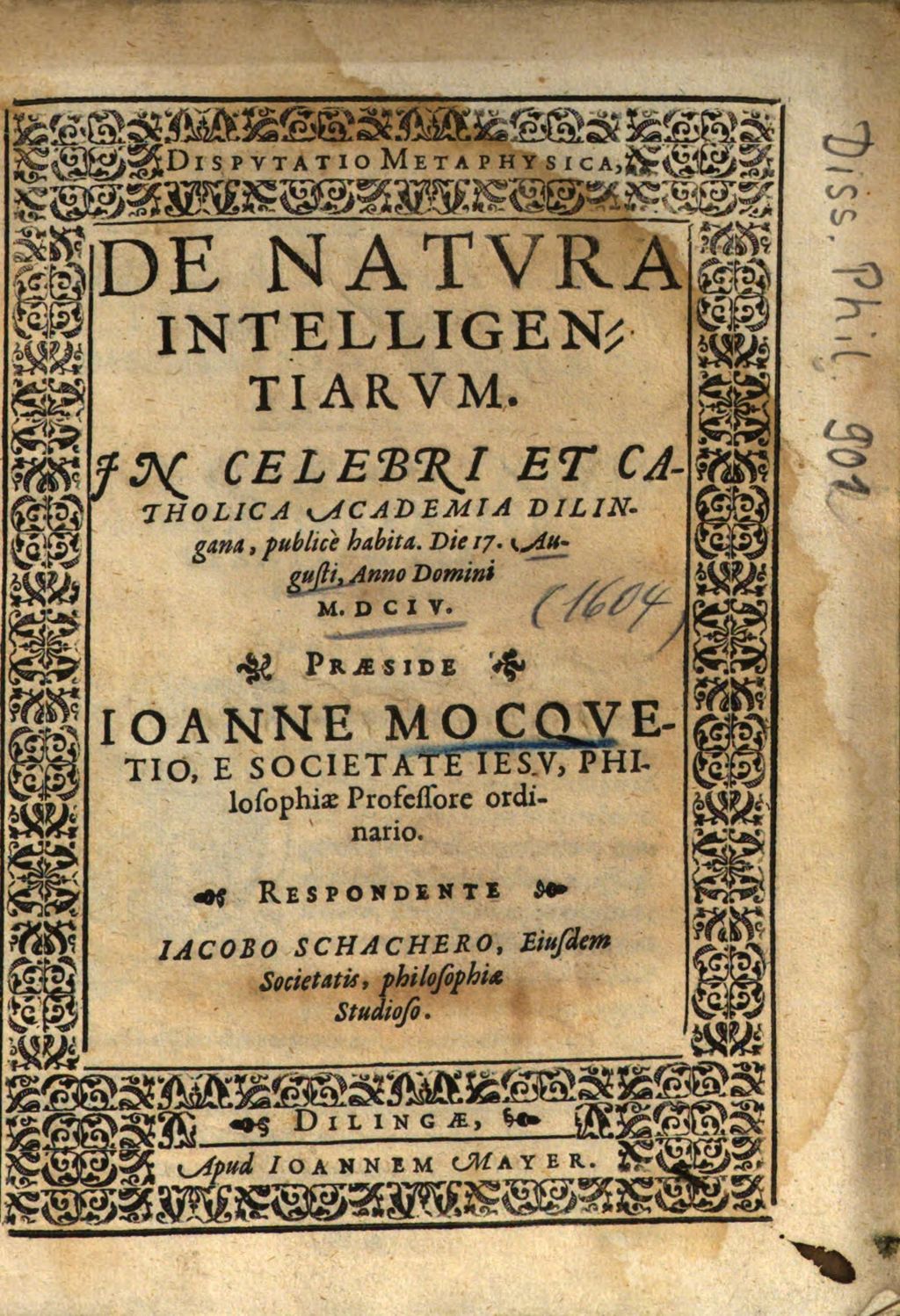 Cover of Dispvtatio Metaphysica , De Natvra Intelligentiarvm