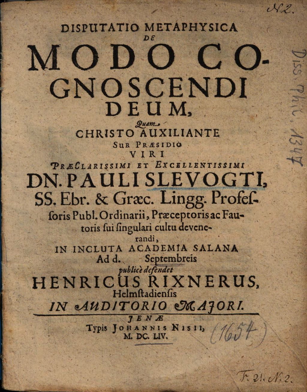 Cover of Disputatio Metaphysica De Modo Cognoscendi Deum