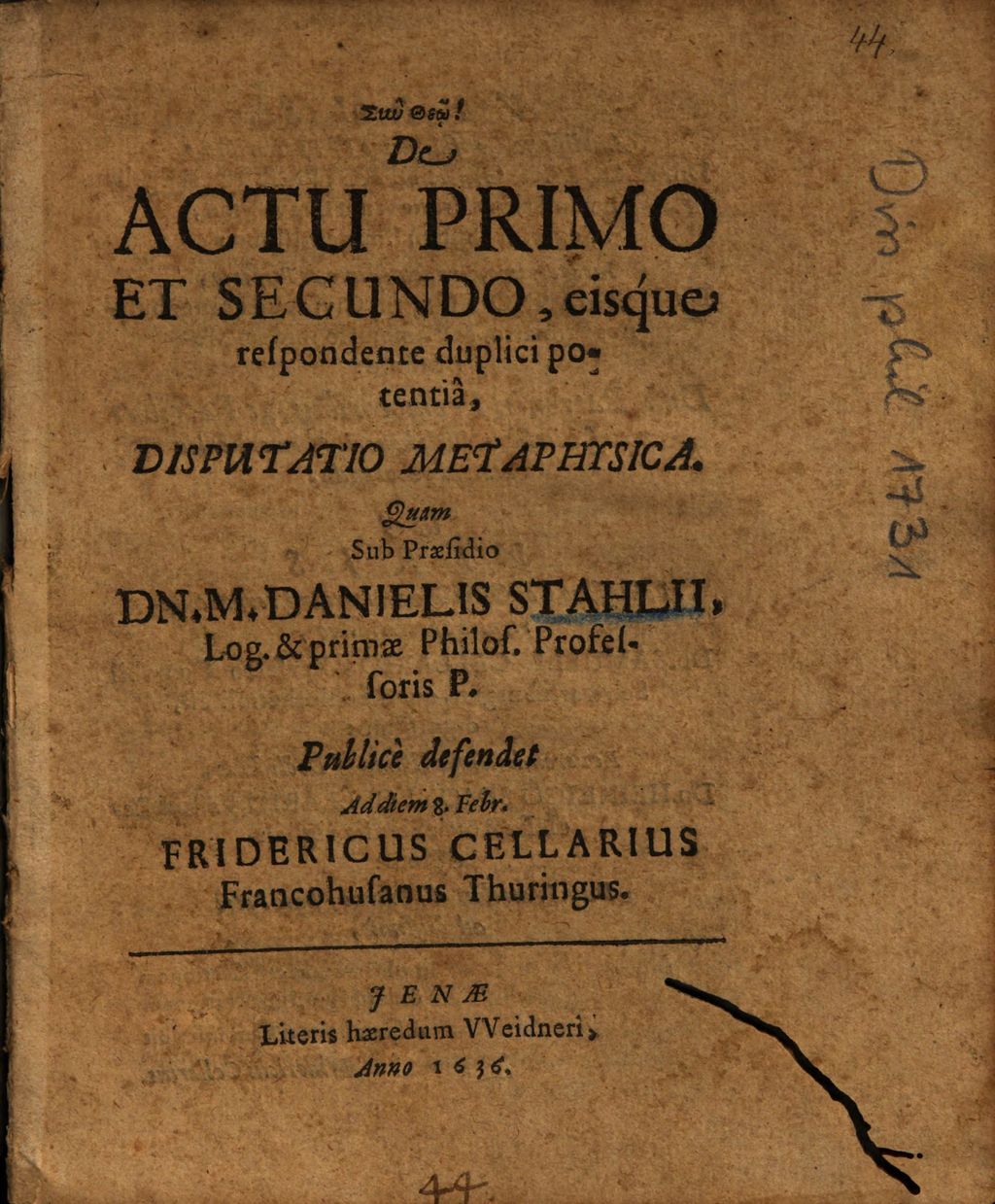 Cover of De Actu Primo Et Secundo, eisque respondente duplici potentiâ, Disputatio Metaphysica