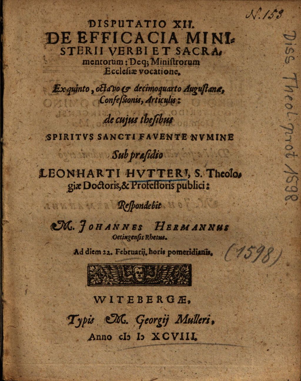Cover of Disputatio XII. De Efficacia Ministerii Verbi Et Sacramentorum: Deq[ue] Ministrorum Ecclesiæ vocatione