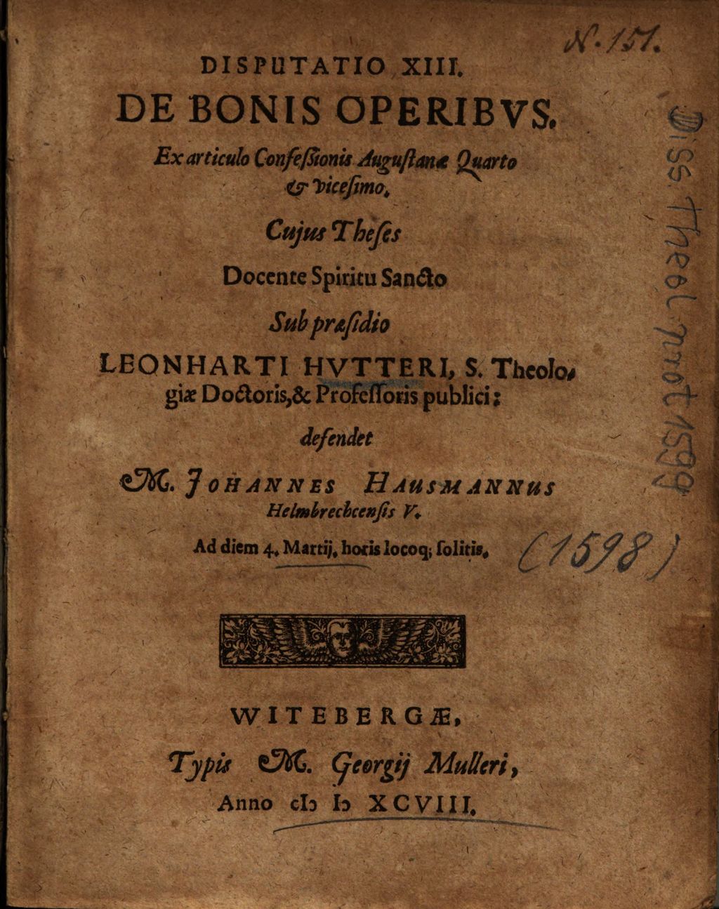 Cover of Disputatio XIII. De Bonis Operibvs [Operibus]