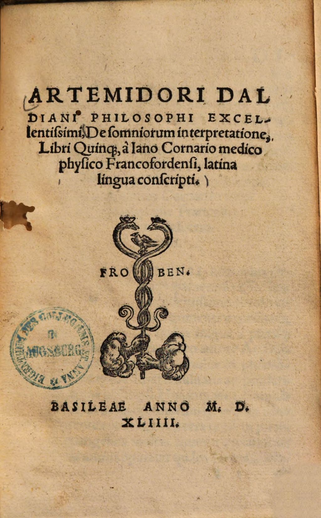 Cover of Artemidori Daldiani philosophi Excellentissimi, De somniorum interpretatione, Libri Quinq[ue]