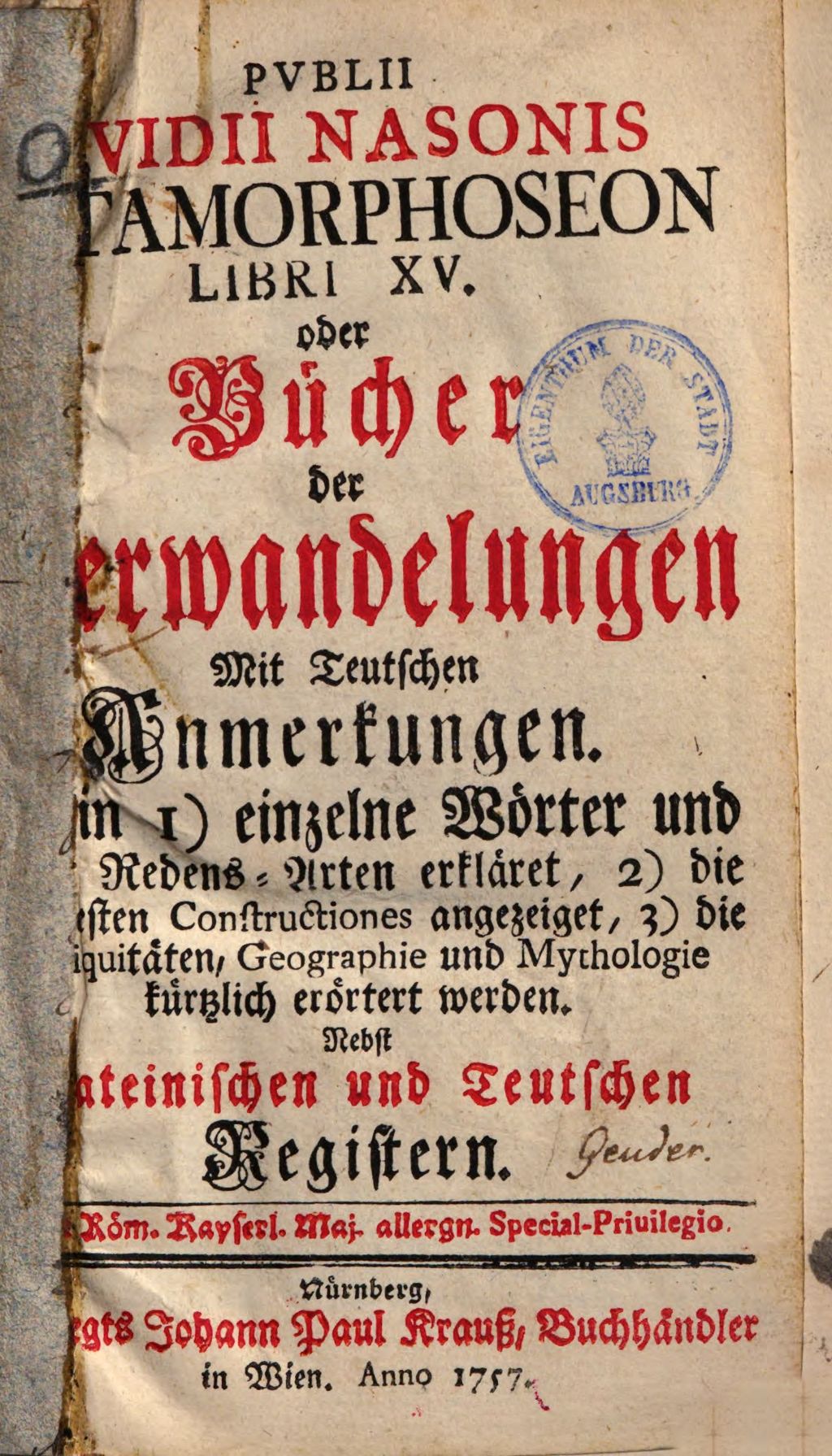 Cover of Pvblii Ovidii Nasonis Metamorphoseon Libri XV. oder Bücher der Verwandelungen