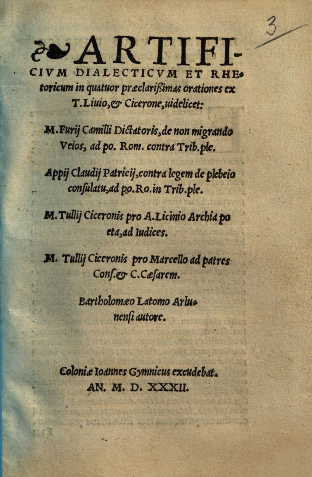 Cover of Artificium dialecticum et rhetoricum in quatuor praeclarissimas orationes ex T. Livio, et Cicerone, videlicet