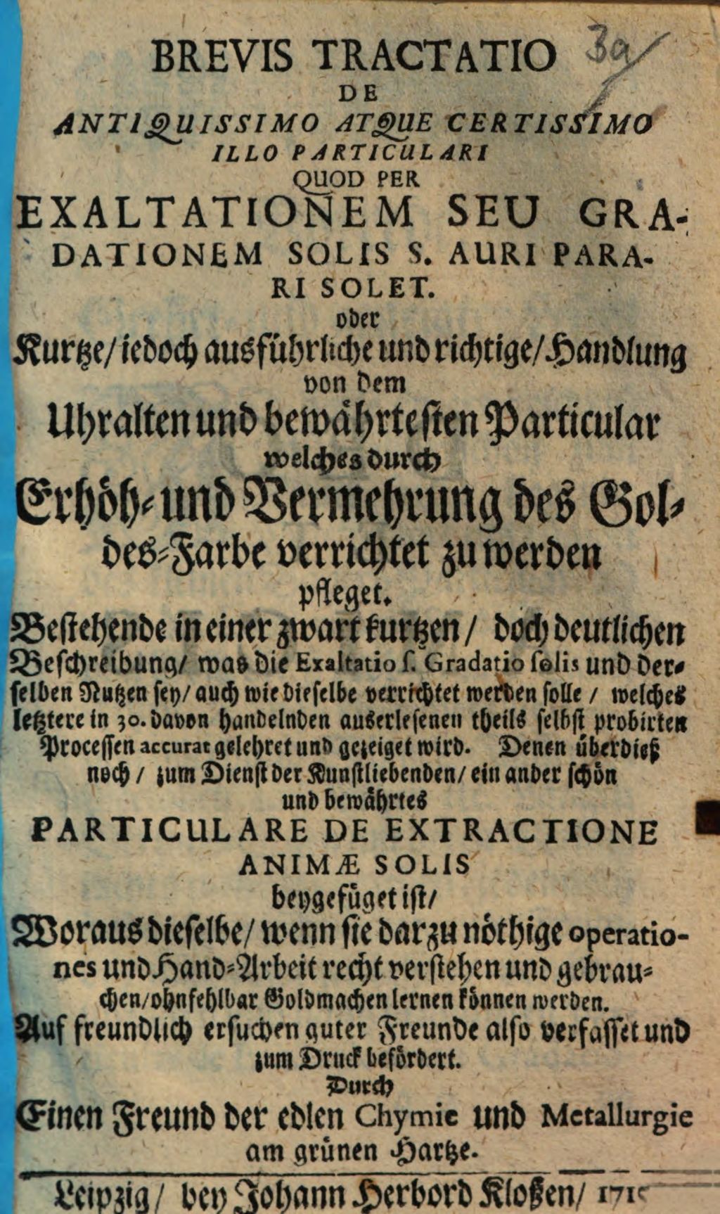 Cover of Brevis tractatio de antiquissimo atque certissimo illo particulari quod per exaltationem seu gradationem solis s. auri parari solet