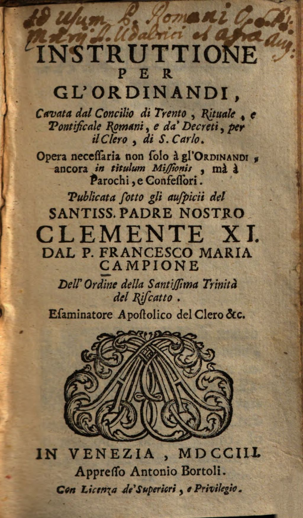 Cover of Instruttione per gl'ordinandi, cavata dal Concilio di Trento, rituale , e pontificale romani, e da decreti, per il clero, di S. Carlo