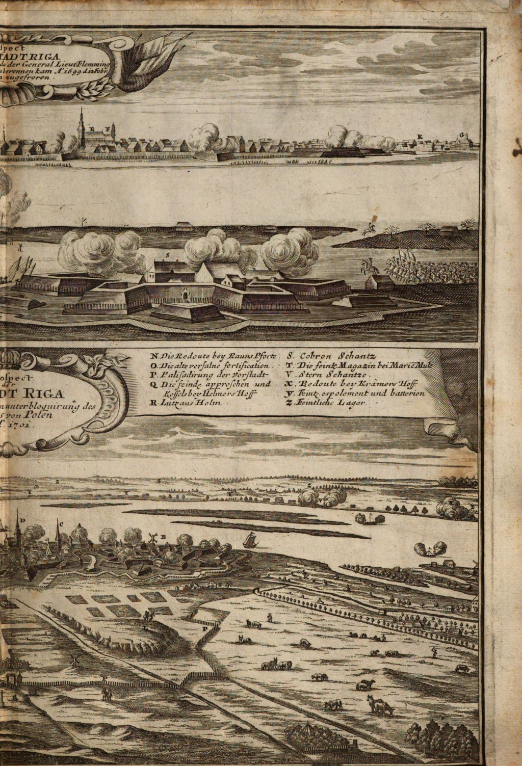 Cover of [Differents plans de fortifications, batailles, et vuës de differentes villes]. [6], Prospect der Stadt Riga von jenseits der Duna da der General Lieut. Flemming mit den Saxischen troupen zu berennen kam A.̊ 1699 d. 12. Febr. da die Duna zugefroren