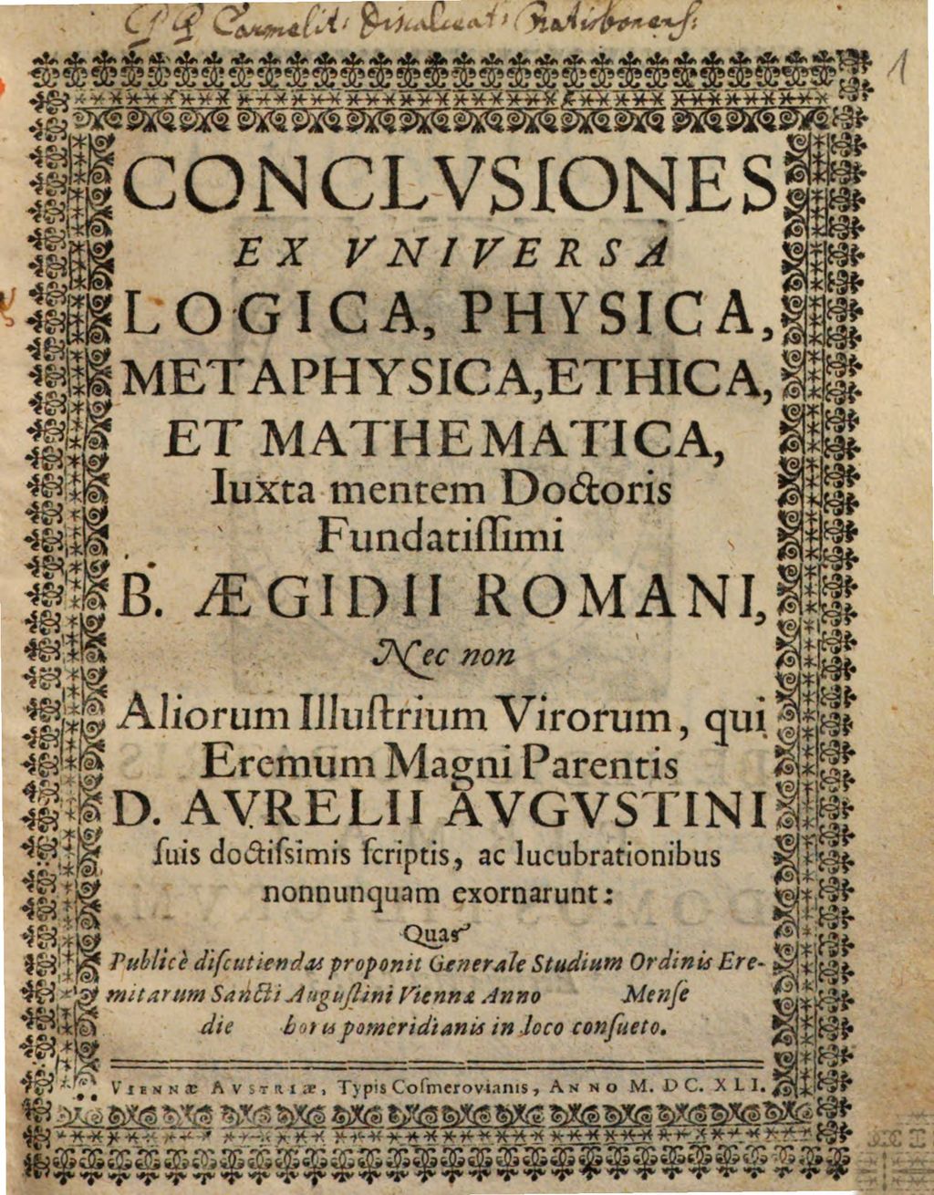Cover of Conclvsiones Ex Vniversa Logica, Physica, Metaphysica , Ethica, Et Mathematica