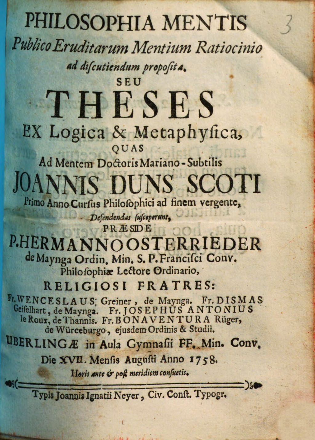 Cover of Philosophia Mentis Publico Eruditarum Mentium Ratiocinio ad discutiendum proposite seu theses ex logica & metaphysica