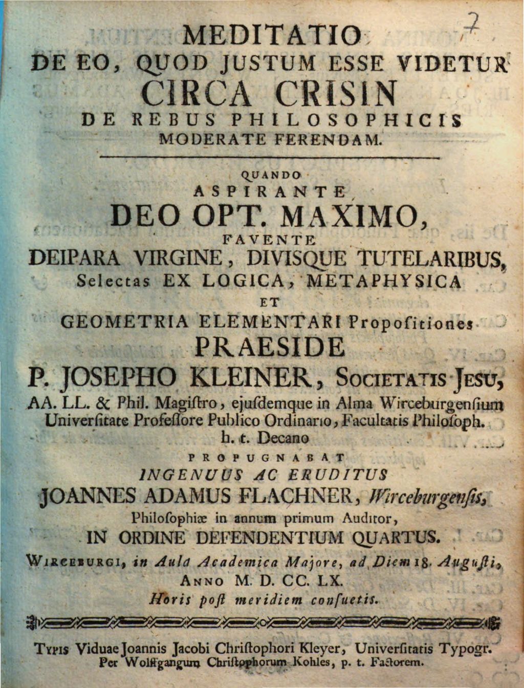 Cover of Meditatio De Eo, Quod Justum Esse Videtur Circa Crisin De Rebus Philosophicis Moderate Ferendam