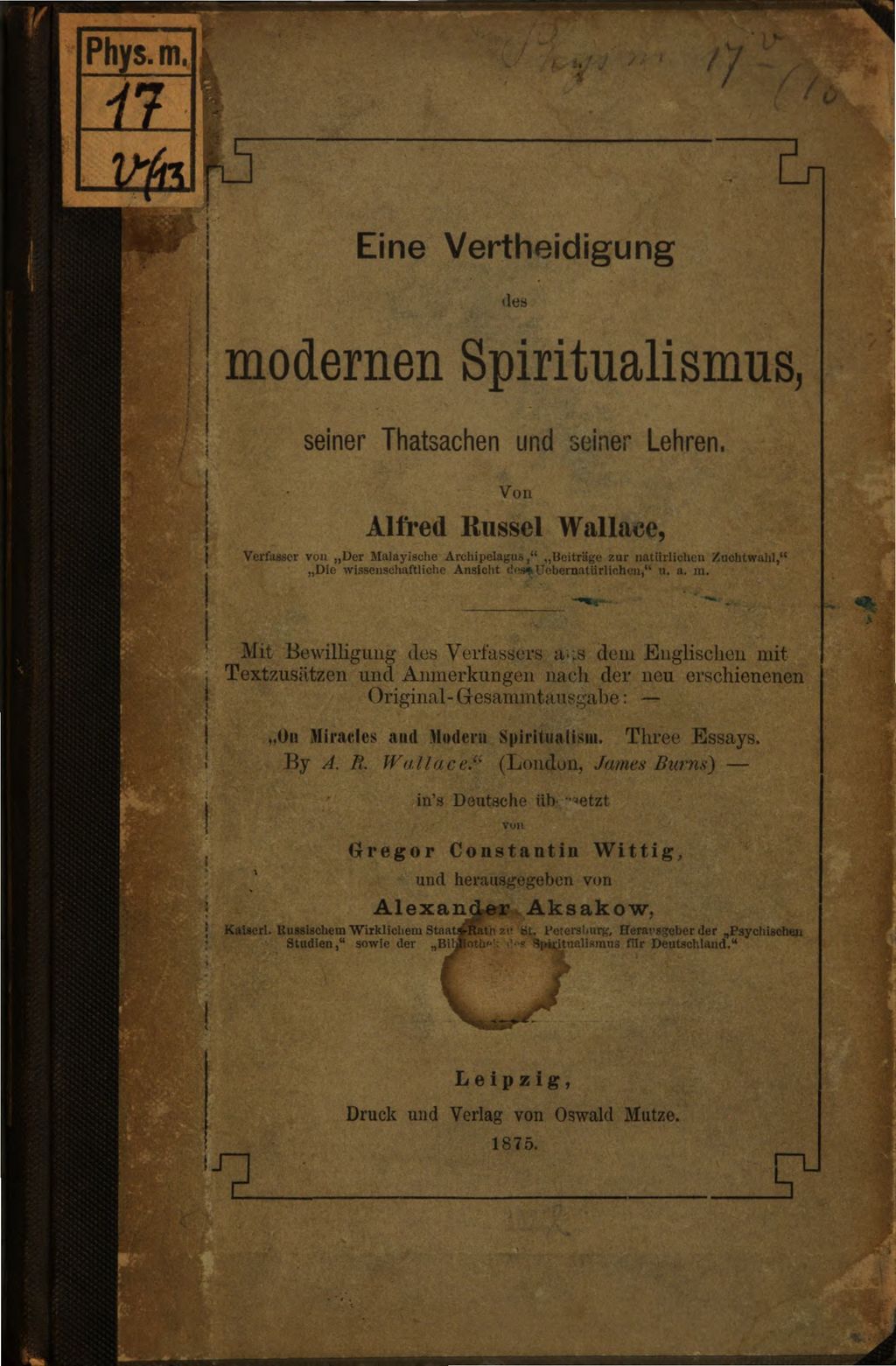 Cover of Eine Vertheidigung des modernen Spiritualismus , seiner Thatsachen und seiner Lehren