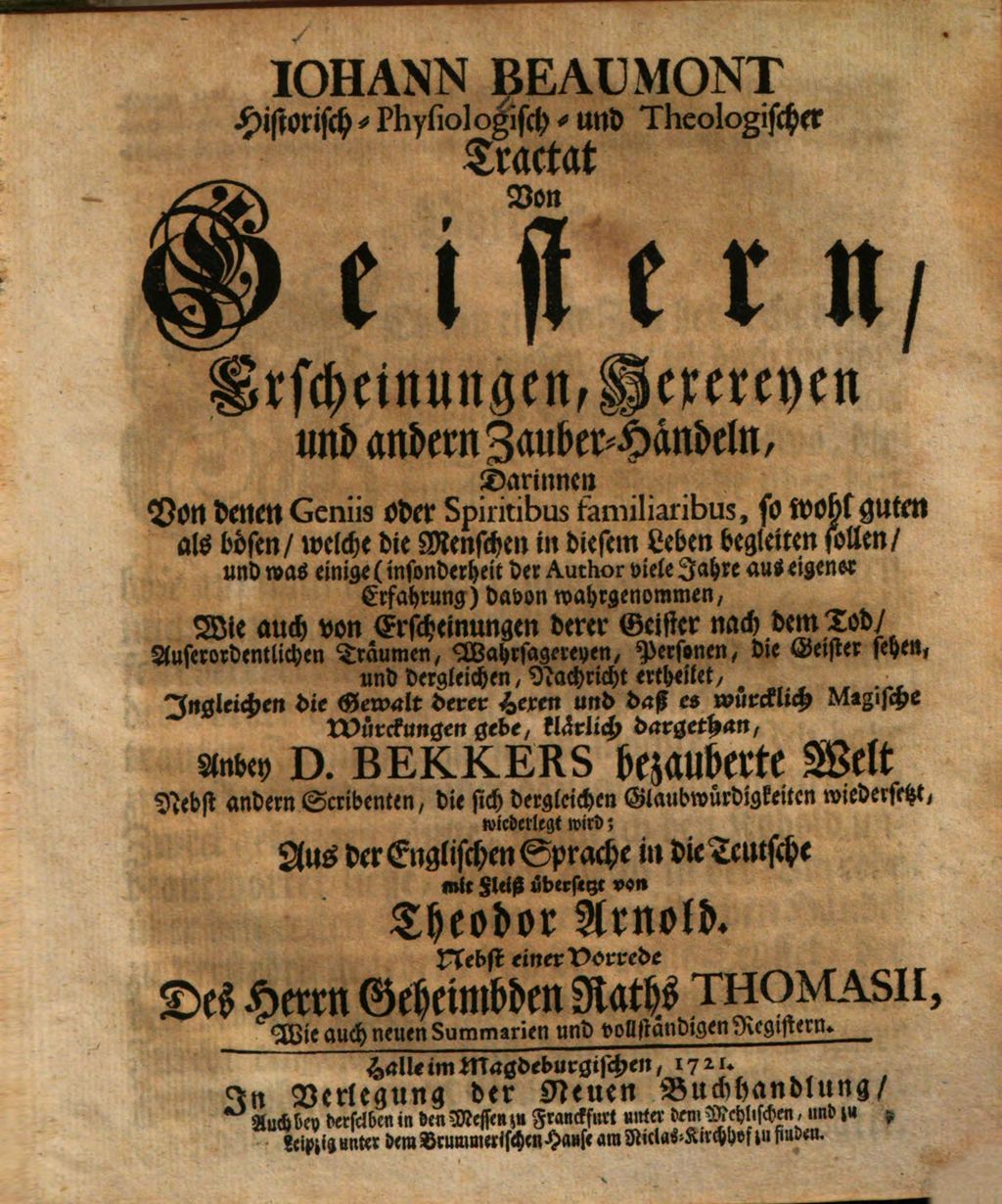 Cover of Historisch-Physiologisch- und Theologischer Tractat Von Geistern/ Erscheinungen, Hexereyen und andern Zauber-Händeln