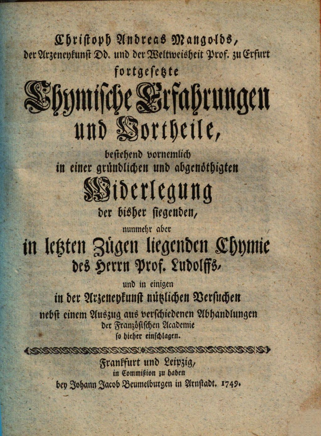 Cover of Christoph Andreas Mangolds Fortgesetzte chymische Erfahrungen und Vortheile